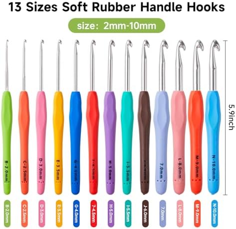 INSCRAFT 67 Pack Crochet Hooks Set, 13 PCS 2mm(B)-10mm(N) Ergonomic Soft Grip Crochet Handles Yarn Knitting Needles Kit with Case for Arthritic Hand, Crochet Starter Kit for Beginners and Lovers