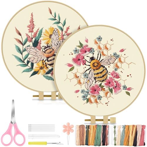 TINDTOP 2 Pack Embroidery Kit for Adult, Embroidery DIY Starter Kit, with Stamped Patterns, Hoop, Tools, Colorful Threads with Needles, Instructions (Bee)