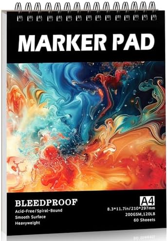120lb/200gsm Marker Paper Pad 8.3 × 11.7in, 60 Sheets, Spiral Sketchbook