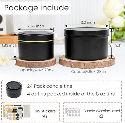 CONNOO 24 Pack - 12pcs 8oz & 12pcs 4oz Matte Black Candle Tins with Lids