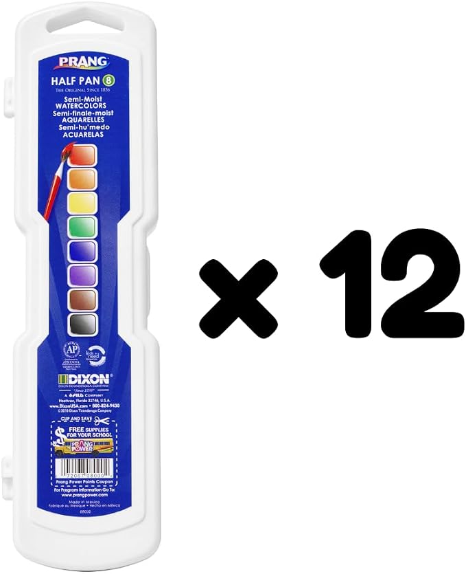 Prang Semi-Moist Watercolors 8-Color Half Pan Paint Set, Pack of 12 | Refillable, Size 6 Paint Brush Included
