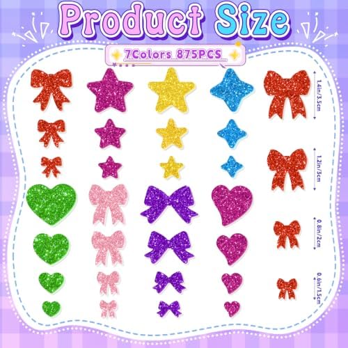 875PCS Glitter Foam Stickers, Colorful Heart & Star & Bow Stickers, Self-Adhesive Foam Stickers for Scrapbooking Card Making Birthday Party Classroom Decor Art Supplies (7 Colors)