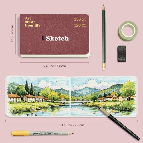 Hardcover Pocket Sketchbook, 3.5" x 5.4" Mini Small Travel Drawing Journal, 92lb/150gsm Heavyweight Paper, 120 Pages Blank Sketch Book for Adults Artists Mixed Media, Ideal Gift,Wine Red