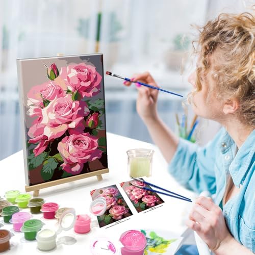 ATDMS Paint by Numbers Kit for Adults with Frame Flowers Paint by Numbers Kit with Easel DIY Adult Paint by Number Kits on Canvas Framed Floral Oil Painting Kits for Home Wall Decor 8x12 Inch
