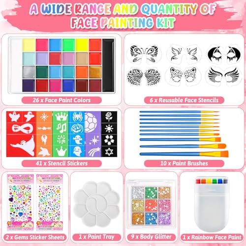Professional Face Painting Kit, 26 Colors Oil Palette Face Paint with 6 Stencils, 41 Stencil Stickers, 10 Brushes, 9 Body Glitter, 2 Sheets Adhesive Gems, Rainbow Facepaint for Party & Halloween