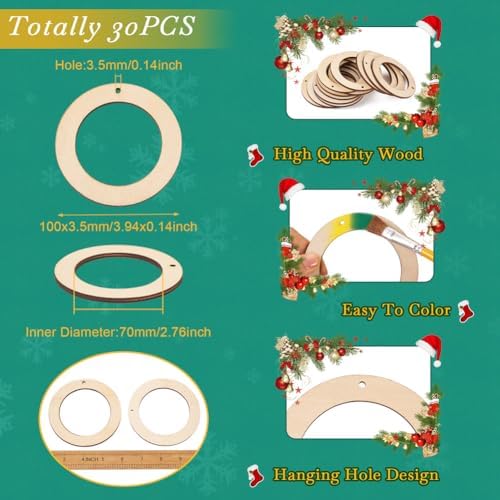 Elecrelive 30Pcs 4 Inch Small Wooden Ring for Crafts, Flat Wood Circle