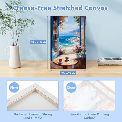 Bowetile Framed Landscape Paint by Numbers Kit for Adults, Adults' Paint-by-Number Kits on Canvas, Painting by Numbers Seaside, Acrylic Number Painting for Home Wall Decor, 8x12in