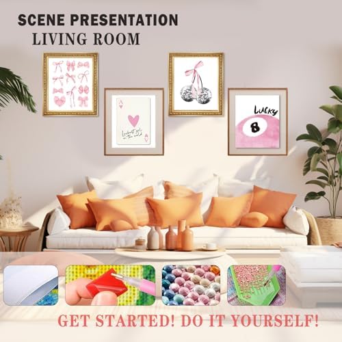 XUNLURY Pink Trendy Preppy Diamond Art Kits 4 Pcs, Coquette Pink Bow Disco 8 Ball Cherry Diamond Painting Kits for Adults Girls Beginners, Full Drill Diamonds Dots for Home Decor, 9.8x11.8 Inch