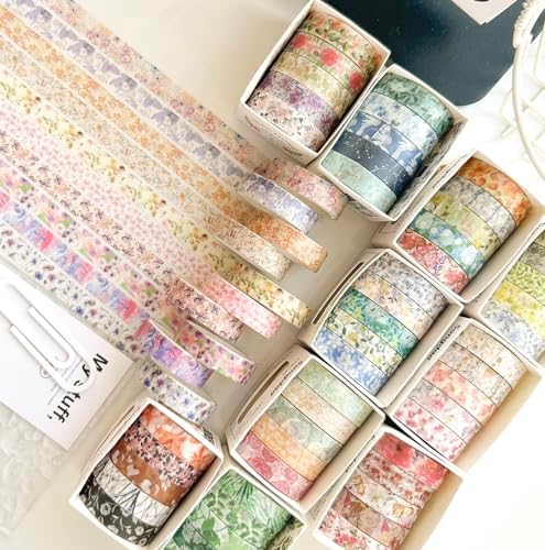 Flowers Washi Tape Set 60 Rolls Floral Patterns Decorative Skinny Blooms Masking Tapes for Arts, DIY Crafts, Journals, Planners, Scrapbook, Wrapping (Spring)