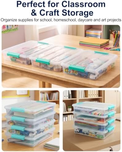 EOENVIVS 4 Pack Clear Storage Bins with Lids, A4 File Boxes, Green Latches