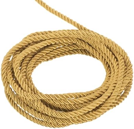 MECCANIXITY Twisted Cord Trim, 5 Yard 5mm 3-Ply Twine Braided Rope Shiny Thread String for Craft Gift Bag Curtain Christmas Decor, Dark Gold - 5m