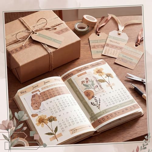 Chuangdi 9 Rolls Calendar Washi Tape Set,Pink, Green, Brown, Light Brown | Vintage Day Week Month Date Number Calendar Washi for Journaling, Planner Decoration, Journal Labels, Arts Crafts