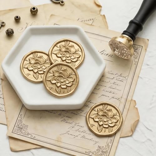 UNIQOOO 3D Embossed Relief Camellia Flowers Wax Seal Stamp with Wooden Handle, Floral Botanical Theme Vintage Brass Stamp for Wedding Invitation, DIY, Gift Wrap, Envelopes, Christmas Card