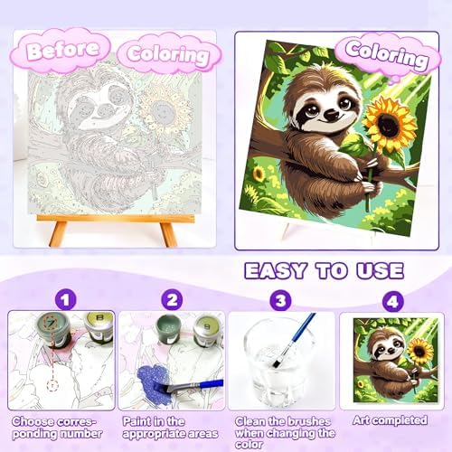 Gemozaic Sloth Paint by Numbers Kit for Kids Ages 8-12 with Frame & Easel