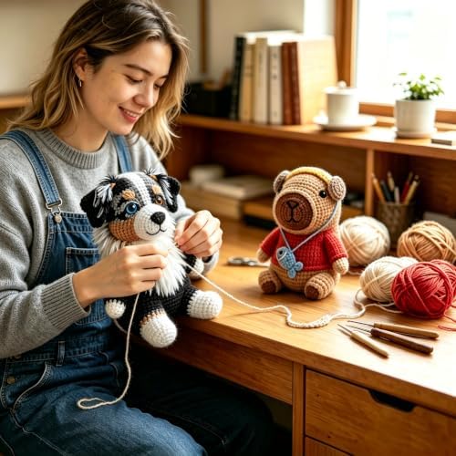 Beginner Crochet Kit for Adults & Teens, Australian Shepherd Dog Amigurumi Crochet Kit, Complete DIY Craft Supplies with Instructions, Cute Puppy Animal Starter Kit, Handmade Gift for Crochet Lovers