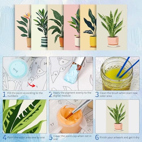 6 Pack Paint by Numbers Kit for Adults, Plants Number Painting, 8x12 Inch | DIY Adult Paint by Number Kits on Canvas for Beginners, without Frame, Botanical Home Wall Decor, Stress Relief Craft Gift