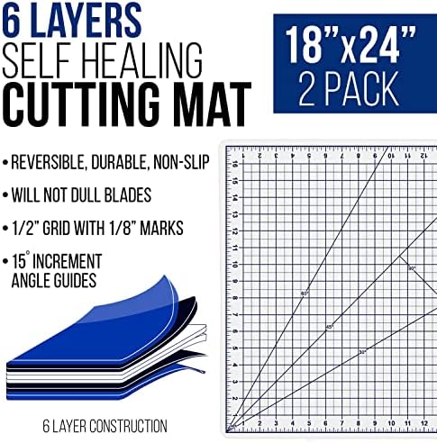 U.S. Art Supply 18"x24" Self-Healing Cutting Mat 5-Ply (2 Pack) White/Blue | Double-Sided White/Blue Craft Mat, Non-Slip Cutting Mats for Crafts, Sewing, Quilting, Scrapbooking
