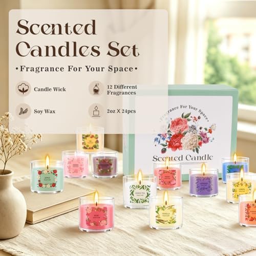 Scented Candles Gift Set, 24 Pack 2oz Soy Wax Aromatherapy Candles with 12 Fragrances, Long Lasting Smokeless Candles in Clear Acrylic Cups with Cotton Wick, Birthday Gifts for Women, Home Decor