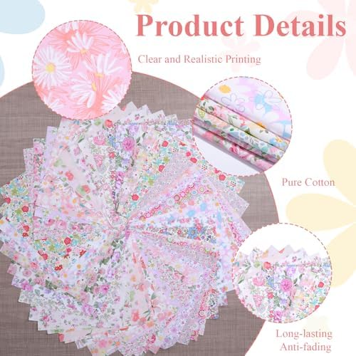 48 Pcs 10 x 10 Inches Pink Floral Cotton Fabric Bundles, Precut Pink Retro Floral Fabric Squares, Spring Quilting Patchwork, Flower Leaves Sewing Fabrics, Assorted Pattern Cloth for DIY Craft Handmade