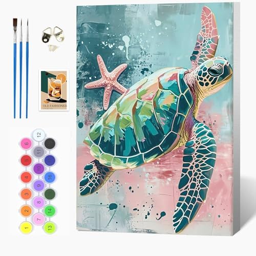 Auremi Turtle Paint by Number Kits with Framed, DIY Animals Paint by Number Canvas for Adults, Easy Acrylic in Canvas with Brushes for Decor 20x30cm