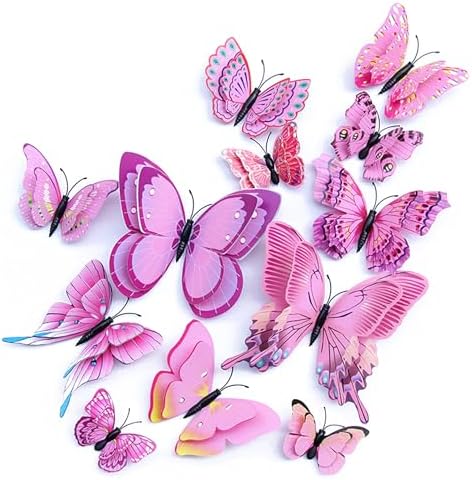 OPSEAM 3D Butterfly Wall Decor Butterfly Decorations Stickers with Magnets | 72 PCS Pink,12 Styles Double Layer Butterfly for Classroom Decoration,Locker Refrigerator, Reusable,Waterproof