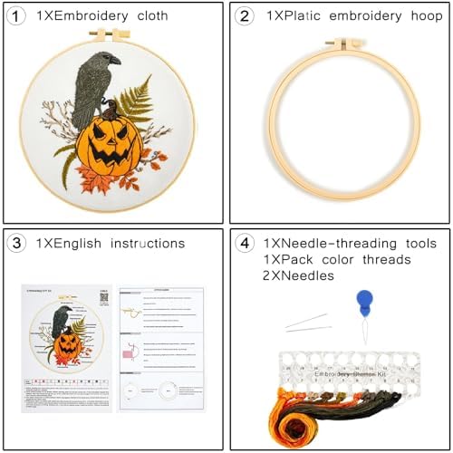 Crafmanoe Halloween Embroidery Starter Kits for Beginners Adults, Fall Pumpkin Stamped Cross Stitch Kits for Beginners Adults, Crow Gothic Embroidery Needlepoint Kits, Hoops, Fabric and Video Tutorial