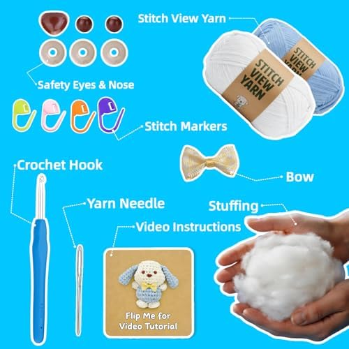 BUNUKY Crochet Kit for Beginners, Amigurumi Puppy Crochet Starter Kit with Step-by-Step Video Tutorials, Complete DIY Craft Kit Gift for Adults & Teens