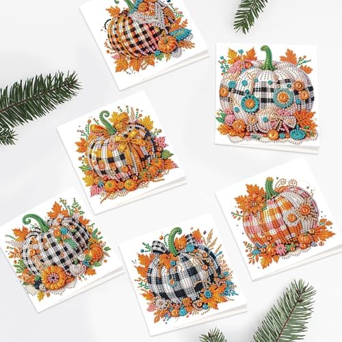 6-Pack Autumn Pumpkin Diamond Art Greeting Cards with Envelopes – DIY 5D Diamond Painting Kits for Adults, Creative Fall Thanksgiving Greeting Card Set, Rhinestone Craft Kits, Handmade Holiday Cards