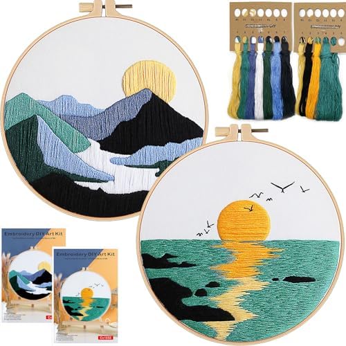 FONNUY 2 Set Embroidery Kit DIY for Adult Beginner, Pre-Stamped Patterns Mountain Sea Embroidery Kits with Hoop, Colored Threads and Needles, Easy to Follow Needlework (Blue)