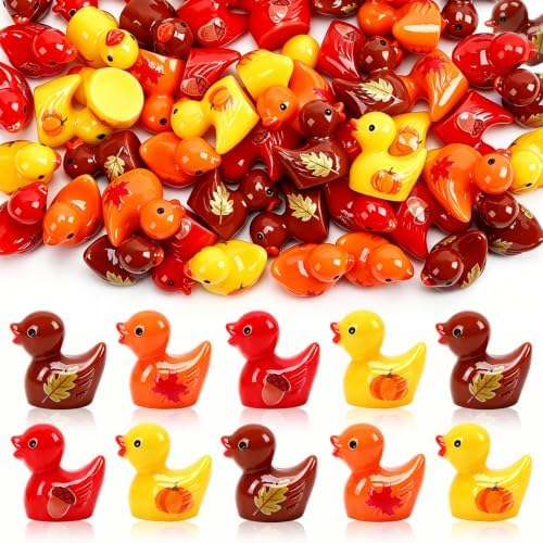 JUNEBRUSHS 50Pcs Fall Mini Resin Ducks Thanksgiving Miniature Figures