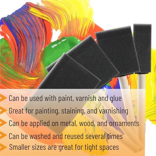 Bates- Foam Paint Brushes, 1”, 2”, 3" & 4”, 40 Pack Wooden Handle | Sponge Brushes for Painting Staining Varnishes Gluing and DIY Craft Projects on Wood Metal & More