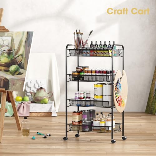TOOLF 4-Tier Rolling Cart, Metal Utility Cart with 3 Hooks, Easy Assemble Mobile Storage Trolley On Wheels, Metal Shelving Units Kitchen Bathroom Laundry Room