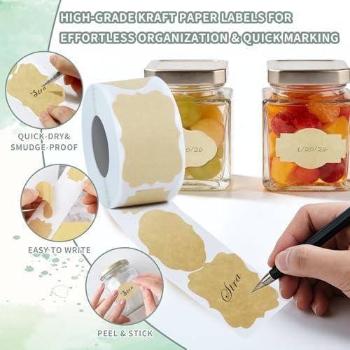 300 Pcs Kraft Labels Stickers, 1.2x2 Inch, 3 Decorative Designs, Writable for Gift Wrapping, Pantry Storage, Jars & Wedding Decor