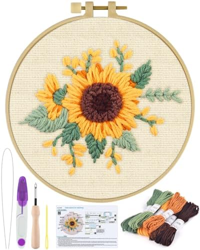 ERKOON Punch Needle Kit Beginners Adults, DIY Easy Flower Embroidery Set for Starter Art Craft, Needling Punching Project with Patterns, Tools, Yarns, Hoop, Instruction (Yellow Flowers)