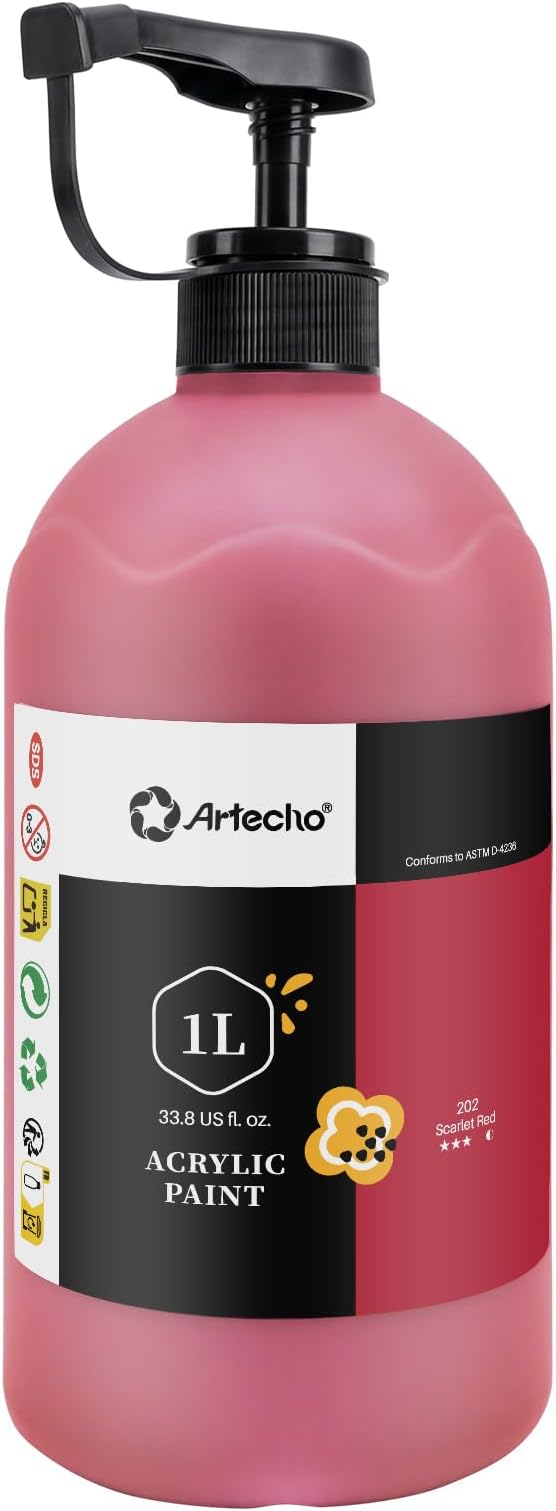 Artecho Scarlet Red Acrylic Paint 1000ml / 33.8 fl oz Pump Dispenser