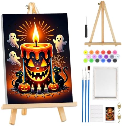 MOGTAA Halloween Paint by Numbers Kit for Adults Beginners with Frame, Ghost Adult Paint by Number Kits on Canvas with Easel, Easy DIY Black Cat Oil Painting Kits for Home Decor, 8x12in