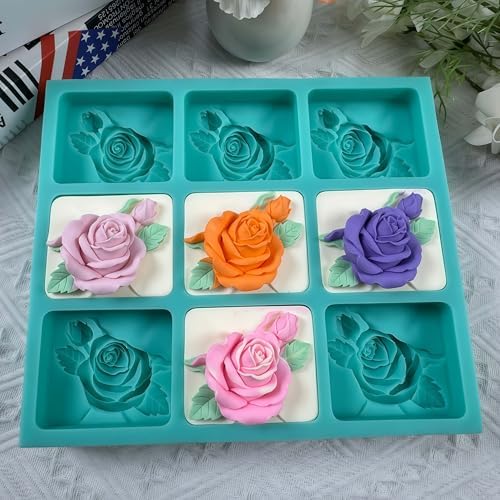 9 Cavities Rose Relief DIY Soap Mold,Handmade Soap Making Silicone Tray,Flower Silicone Mold for Natural Soap,Scented Candle Wax,Plaster Diffuser,Crystal Epoxy Decorations