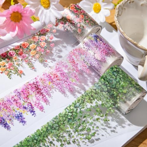 PET Tape Stickers for Journaling 6 Rolls Flower Washi Tape Stickers Decorative Tape for Crafts Scrapbooking Junk Journal Supplies, Flower Vine