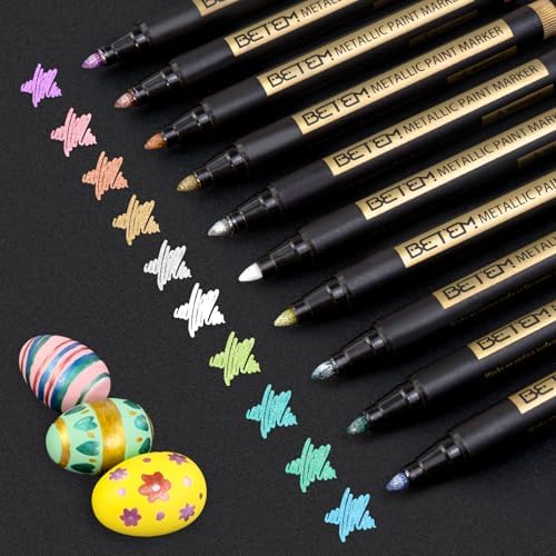 Betem Metallic Paint Markers, 10 Colors Acrylic Metallic Markers for Black Paper, 2mm Medium Tip Glitter Pens Scrapbooking Supplies, Teacher Appreciation Gift, Rock, Photo Albums, Card Making Kit