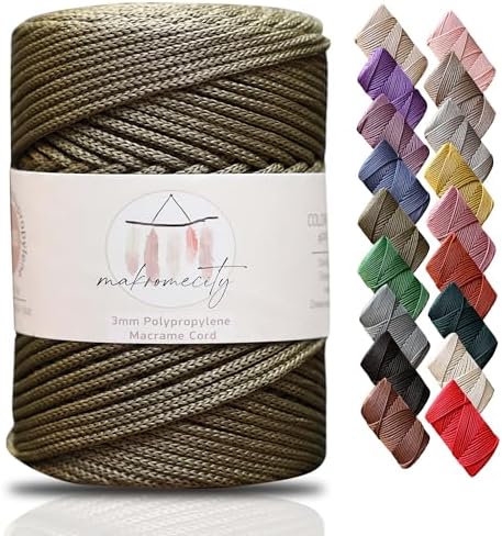 Makromecity, Premium Polyester Macrame Cord 3mm x 131 Yards (394 feet) 3mm Polypropylene Olive Drab Macrame Cord Crochet Macrame Bag Cord Crafts for Wall Hangings, Bags, Underplate, Rug