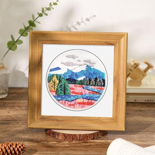 Esffaci Embroidery Starter Kit for Adult Beginner with Mountain Landscape Tree Flower Scenery Pattern Hand Embroidery Set with Embroidery Cloth Floss Hoop Needle Threader and Instruction