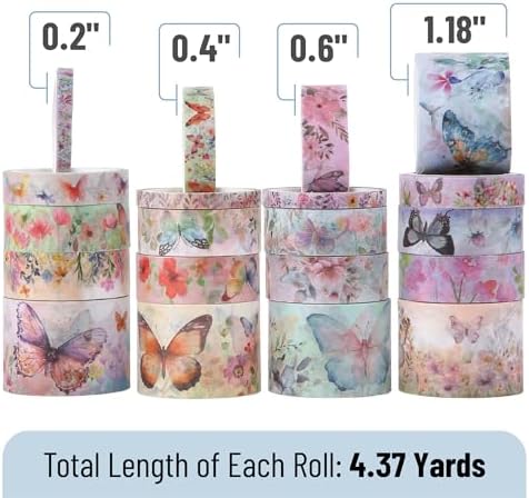 Mr. Pen- Washi Tape Set, 20 Rolls, Assorted Sizes, 4.37 Yards/Roll | Washi Tape for Scrapbook, Arts, Crafts, Journals and Planners, Watercolor Butterfly Design