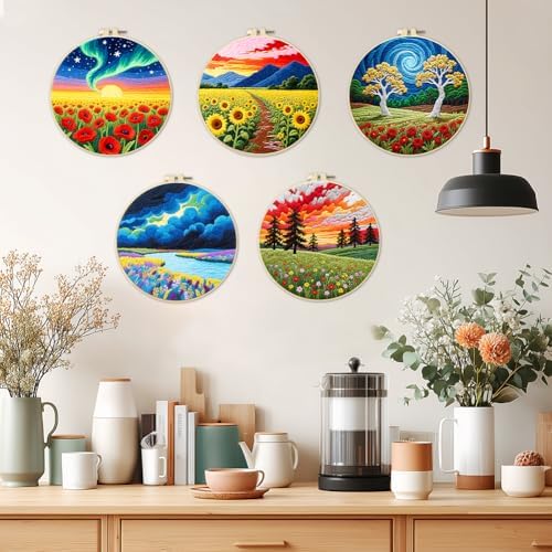 ACRNIGHEET 5 Pack Embroidery Kit for Beginners Adults, Stamped Cross Stitch Kits, Hand Embroidery Starter Kit Including 5 Stamped Embroidery Cloth, Colorful Threads, Hoop, Instruction, Gift Idea