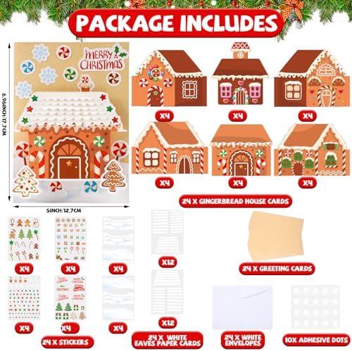 ojustbeok 24 Sets Christmas Gingerbread Craft Kit for 3D Gingerbread House Card Making Your Own Festive Winter Greeting Cards Xmas DIY Card Crafts for Holiday Home Art Crafts Supplies