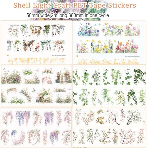 6PCS Floral Washi Tape Stickers PET Tape Stickers for Journaling Botanical Flower Decorative Tapes for Crafts Scrapbooking Junk Journal Supplies Bullet Journaling (Flower 1)