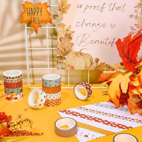 Whaline 12 Rolls Fall Boho Washi Tape Autumn Pumpkin Sweater Decorative Masking Tape for Thanksgiving Harvest Scrapbook Journal DIY Art Craft Gift Wrapping Supplies