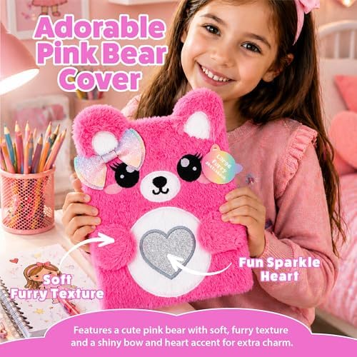 VOTUM Fuzzy Sketch Book: Personalized Artist Sketchbook: Sketching, Drawing and Creative Doodling. Notebook and Sketchbook to Draw and Journal (Bright Pink Bear)
