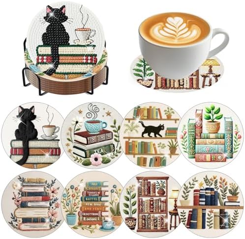 8 Pack Bookshelf Diamond Art Coasters,Diamond Painting Coasters Kits