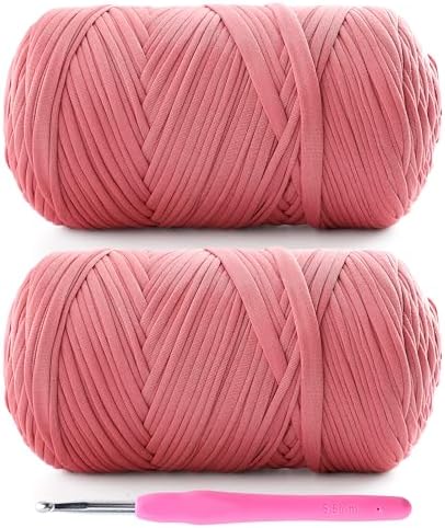 2 Pack T-Shirt Yarn for Crochet - 800 g/260 yds Elastic Fabric T-Shirt Yarn with 1 Crochet Hook (2, Leather Pink)