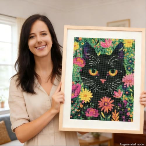Black Cat Diamond Art Kits for Adults, 5D Wild Flower Cat Diamond Painting